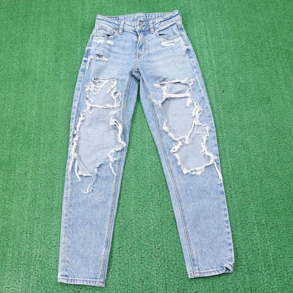 American Eagle Mom Jeans Womens 00 Distressed High Rise Stretch‎ 25x27 Ripped